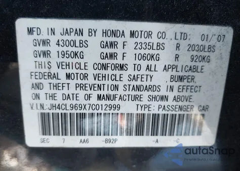 2007 Acura Tsx из США, поврежденный, VIN JH4CL969X7C012999